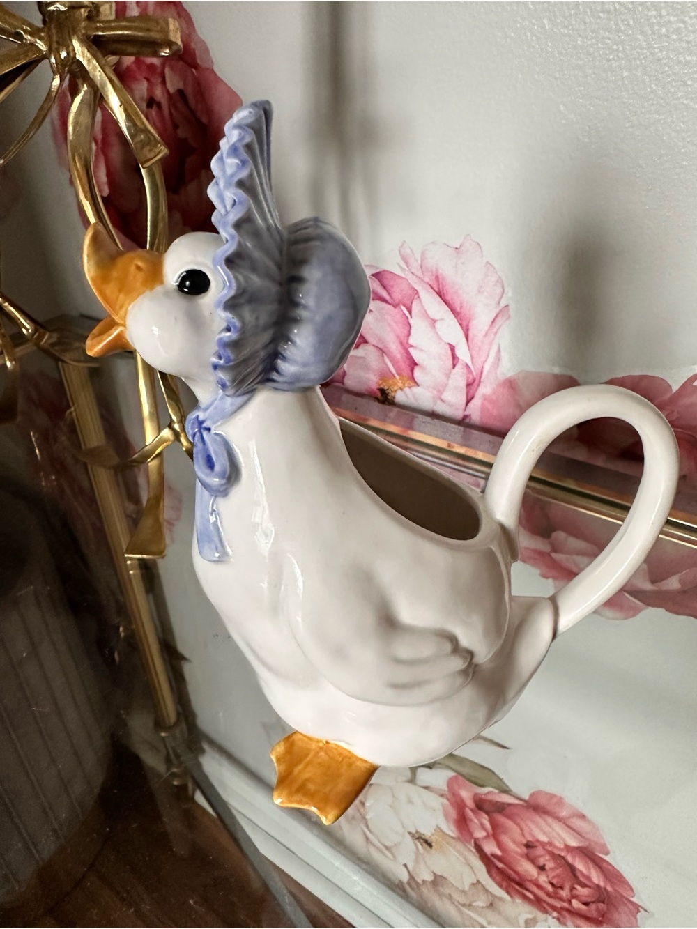 Vintage Ceramic Duck Pitcher with Blue Bonnet